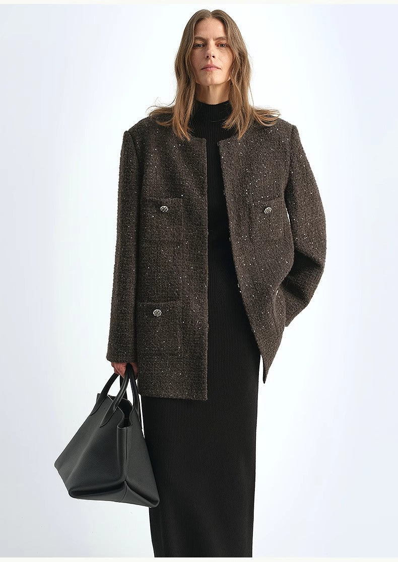 Circle Texture Sequined Wool Tweed Round Neck Long Chanel Style Coat