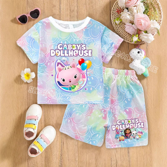 2pcs Gabby Dollhouse Sets Summer Breathable Sweat Absorbent Kids Clothes Baby Girls Kawaii anime Smile Short Sleeve Thin Suit