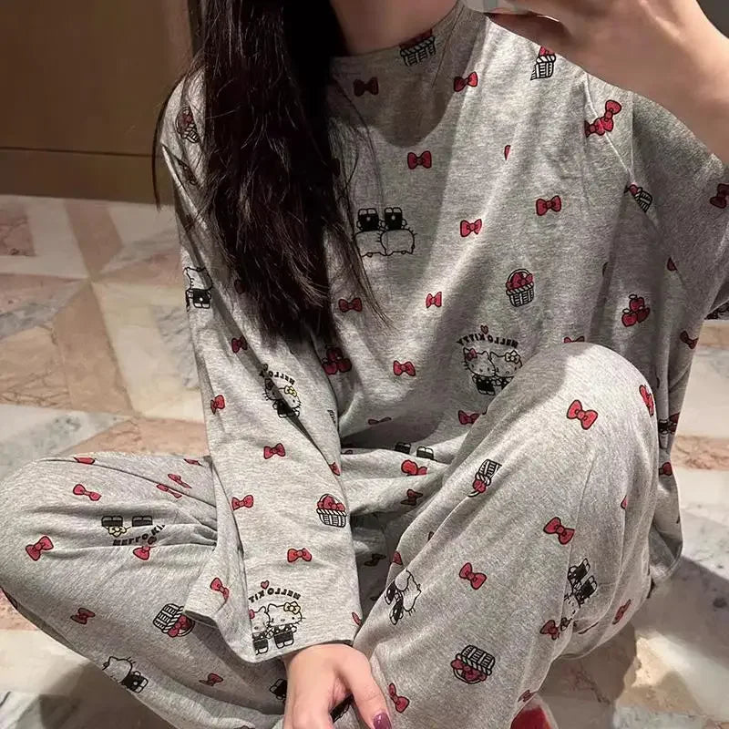 Hello Kitty Cartoon Girl Long Sleeved T Shirt Home Clothes Set Anime Sanrio Print Kawaii Spring Autumn New Trousers Pajama Sweet