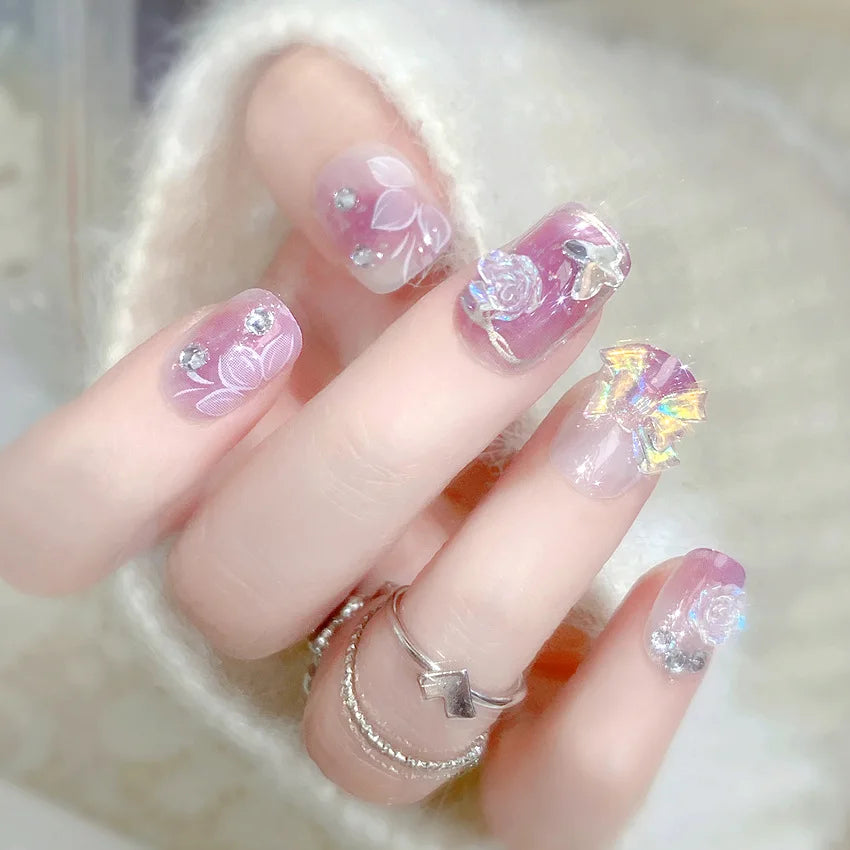 Light Blue Fake Nails Long Ballerina Press on Nails Blue Flower Butterfly Designs Korean Fashion Bride Wedding Charms Nails Art