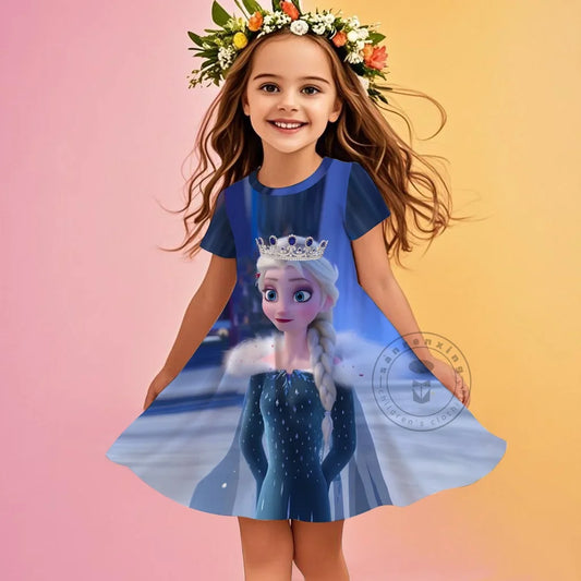 2025 Children Short-Sleeved Dress Cute Princess Series Elsa 3D Print Skirt Summer Baby Girl Clothes Original Brand Clothing