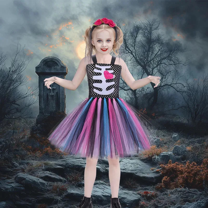 Children's Halloween Zombie Bride Horror Skeleton Vampire Puff Dress Flower Tutu Dress Stage Role Playing  Sleeveless Dress
