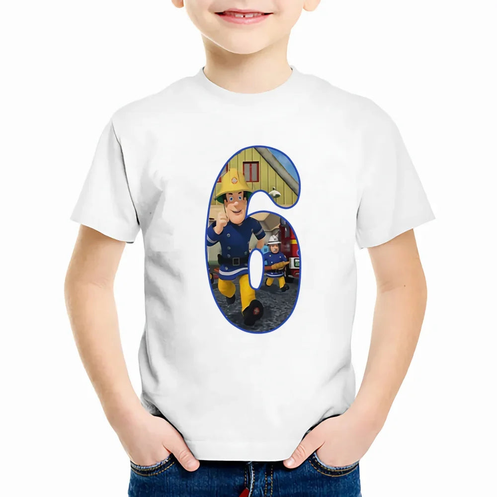 Baby Kids Cartoon Birthday Number 1-9 Print T Shirt Fireman Sam Children T-shirts Boys Girls Funny Gift Summer Clothes,YKP022