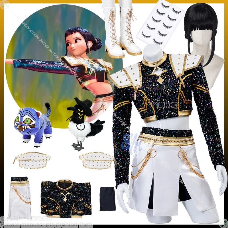 Anime Kpop Demon Cosplay Huntrix Zoey For GOLDEN Stage Uniform Black Coat White Mini Dress Kawaii Jirai Kei Girls Korea Idol Cos