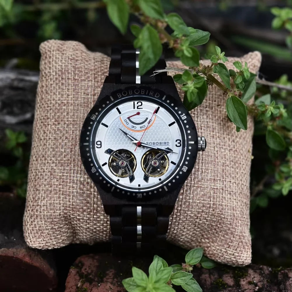 BOBO BIRD Men Mechanical Wooden Watches Double Tourbillon Movement Business Luxury Automatic Wristwatches for Men Great Gift Box