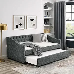 Antetek Daybed with Trundle, Modern Velvet Upholstered Twin Size Day Bed Button-Tufted Sofa Daybed Frame and A Trundle, No Box S