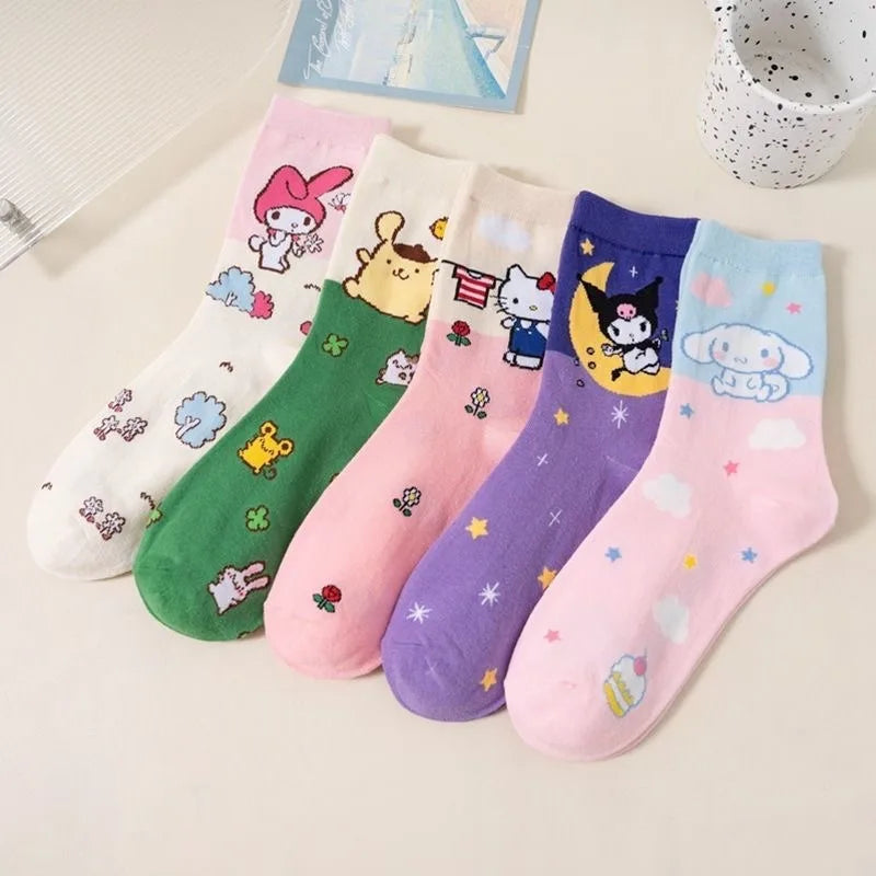 Cartoon Sanrio Hello Kitty Women's Socks My Melody Cute Girl Mid-tube Cotton Socks Kawaii Student Sock Girl Kids Christmas Gift