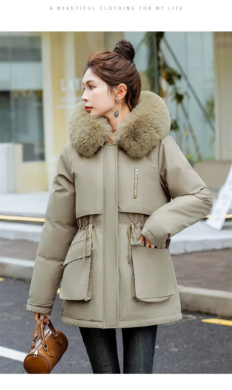 Women Parka Fashion Long Coat Plush Lining Hooded Parkas New Winter Jacket Slim with Fur Collar Warm Snow Wear Padded Clothes