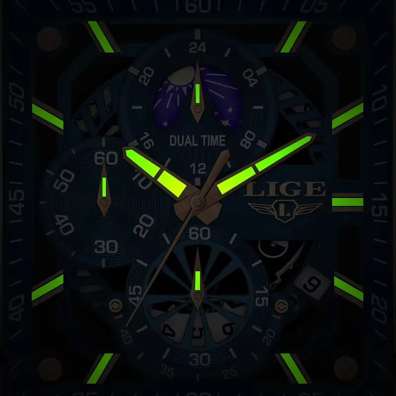 LIGE Mens Watches Brand Luxury Hollow Square Sport Watch For Men Fashion Silicone Strap Waterproof Quartz WristWatch+ Gift Box