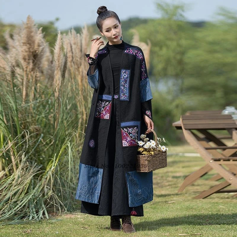 2025 chinese vintag long coat national flower embroidery jacket outerwear retro hanfu tops traditional female windbreaker jacket