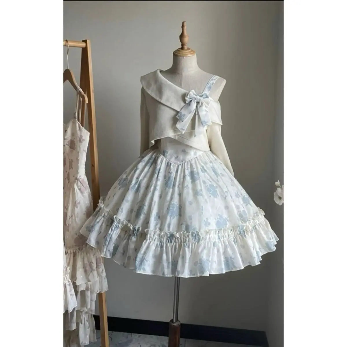 Sweet Lolita Style 2 Piece Dress Set Women Bow Short Coat Kawaii Floral Mini Dress Female Korean Fashion Beach Party Suit