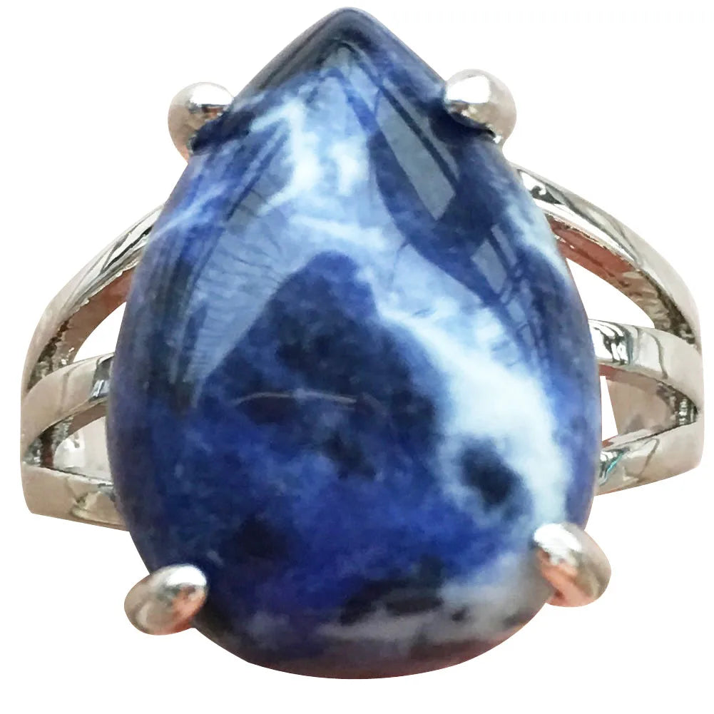 Crystal Tiger Eye Lapis Lazuli Aventurine Unakite Lava Carnelian Blue Sand Goldstone Howlite Water Drop Bead Art Ring  PWB903
