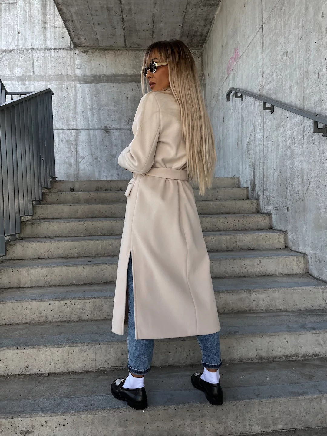 Double-breasted Lapel Split Jacket With Belt Winter Fashion Casual