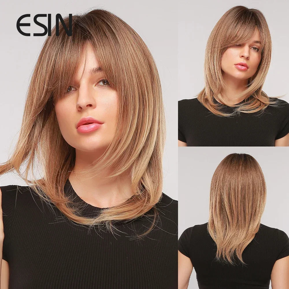 ESIN Synthetic Dark Brown Wig Long Wave Wigs for Women Hair Wig With Bangs Heat Resistant Party Daily Natural Use