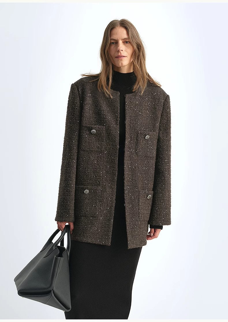 Circle Texture Sequined Wool Tweed Round Neck Long Chanel Style Coat