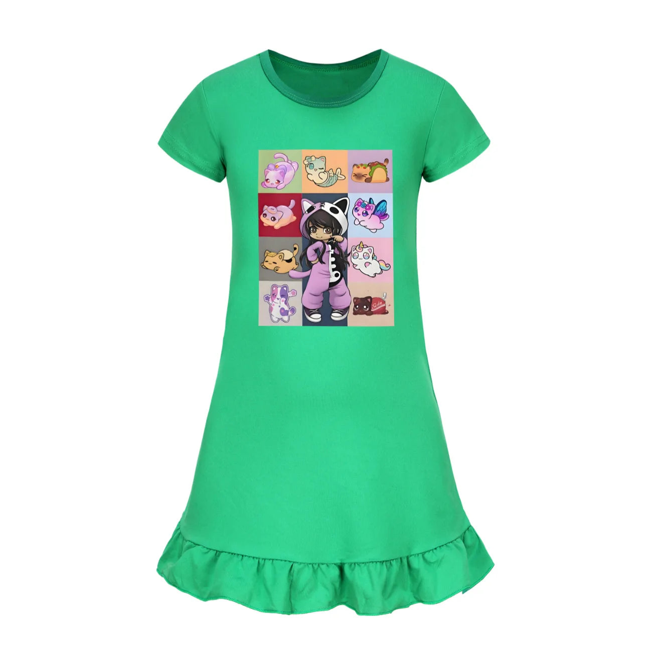 Kids Anime Aphmau Cat Summer Sleepdress Short Sleeve Baby Girls Casual Cartoon Nightgown Daily Wear Clothes for Children