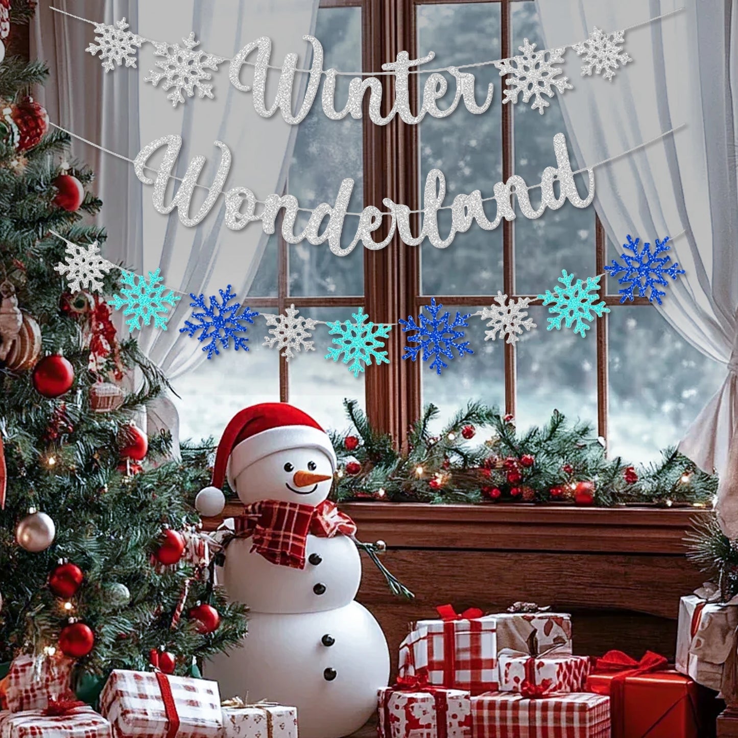 3Pcs Winter Wonderland Banners, Glittery Snowflake Banner Christmas Decorations Banners Winter Holiday Garland Photo Props