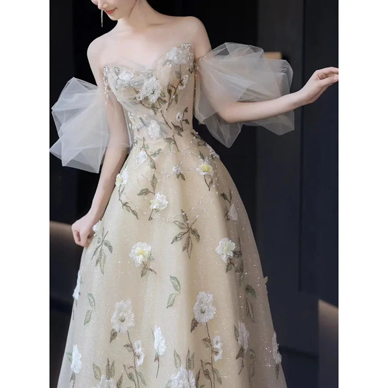 Super Fairy flower off-Shoulder High-End Evening Dress Host Performance Light Luxury Bride Engagement 15 Quinceanera Dresses