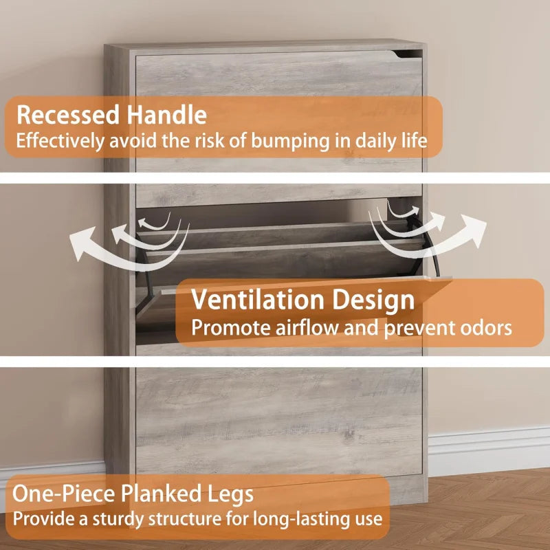 Shoe Storage Cabinet, Wood Shoe Organizer for Entryway with 3 Flip Drawers, Freestanding Shoe Rack with Adjustable Shelf, Narrow