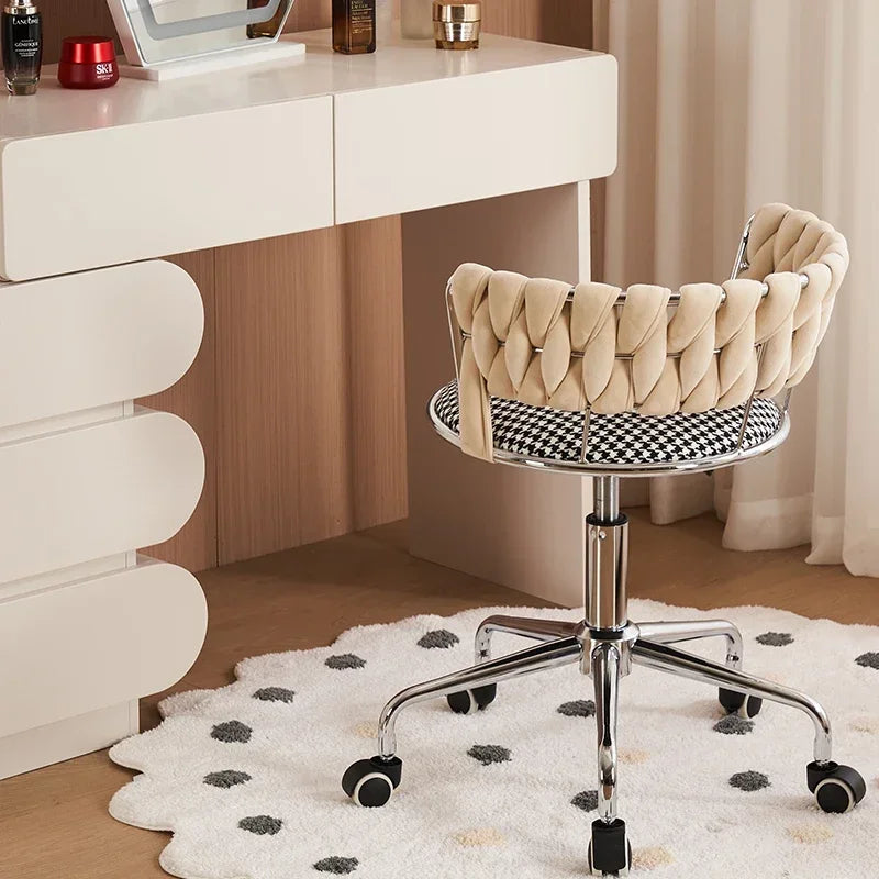 Nordic Makeup Chair With Woven Backrest, Houndstooth Pattern Seat For Bedroom,