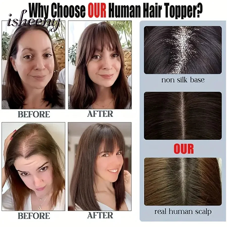 isheeny Dark Brown Human Hair Toppers 8x12cm Real Natural Invisible Top Hairpiece 8-14 inches Black Blonde Clip In Hair Piece