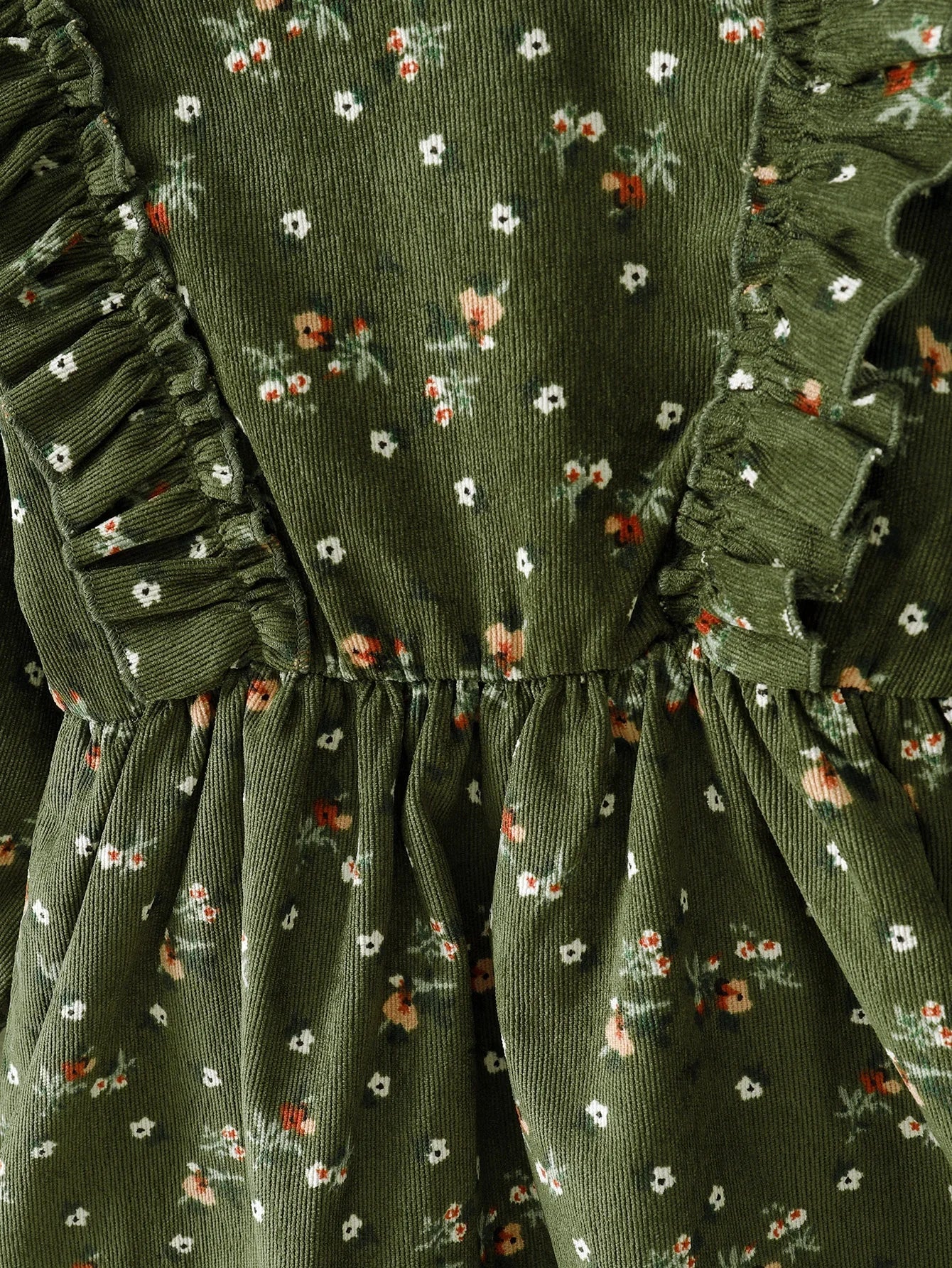Kids Girls'Green Floral Corduroy Long Sleeved Dress Baby Girl Party Princess Dress For 1-6 Years Fashion Winter Autumn Clothes
