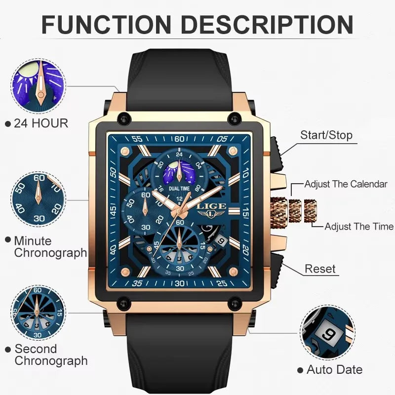 LIGE Mens Watches Brand Luxury Hollow Square Sport Watch For Men Fashion Silicone Strap Waterproof Quartz WristWatch+ Gift Box