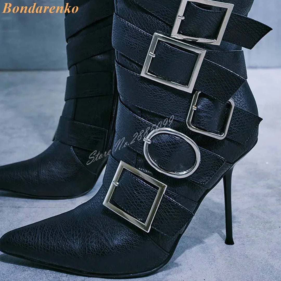 Metal Stiletto Heel Boots Mid Calf Pointy Toe Solid Buckles Strappy Side Zipper Boots Women New Style Shoes Autumn Party Luxury