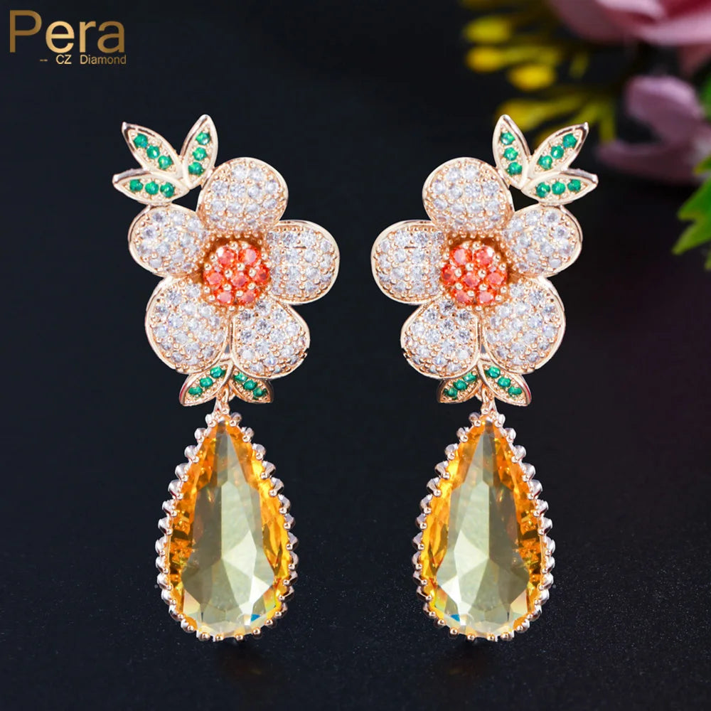Pera Expensive Gold Color Shiny Yellow Crystal Luxury Wedding Jewelry Long Big Flower Charm Water Drop Earrings for Brides E848