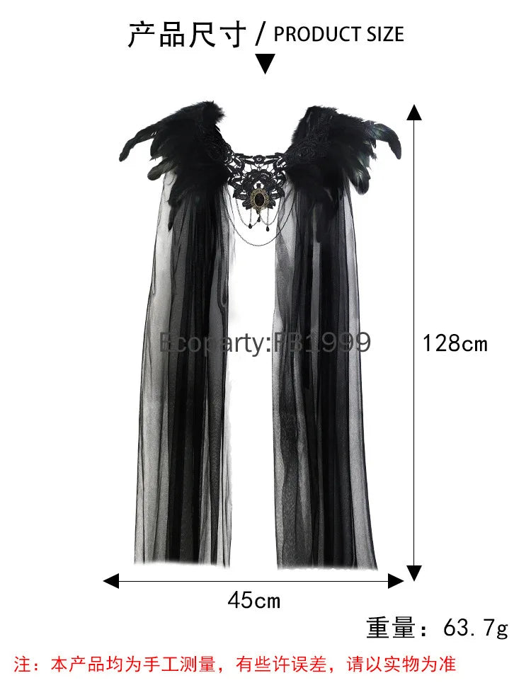 New Halloween Medieval Queen Feather Yarn Cloak for Women Black Tulle Gothic Vampire Bride Cosplay Mesh Shoulder Veil Cape