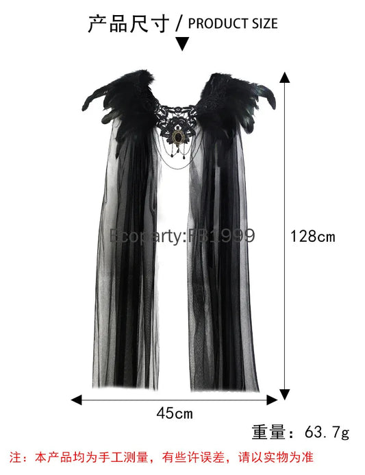 New Halloween Medieval Queen Feather Yarn Cloak for Women Black Tulle Gothic Vampire Bride Cosplay Mesh Shoulder Veil Cape