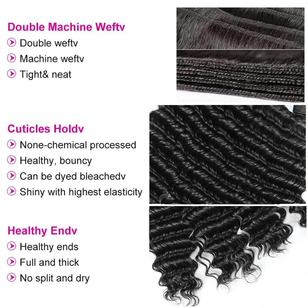30 40 Inch Peruvian Deep Wave Human Hair Extensions Natural Black 1/3/4 Pcs Women's Loose Deep Wave Human Hair Weave Bundles