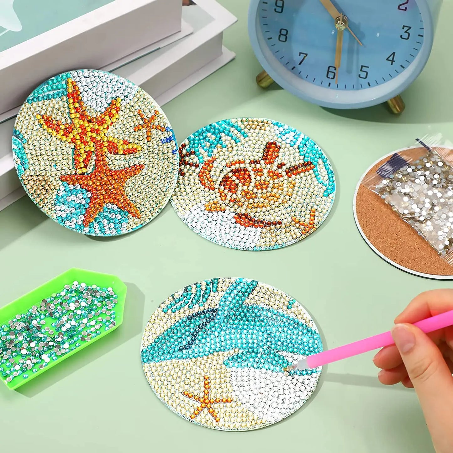 8pcs/Set DIY Diamond Painting Coasters with Holder Anti Slip Wood Drip Mats Crystal Rhinestones Diamond Art Coasters for Adults