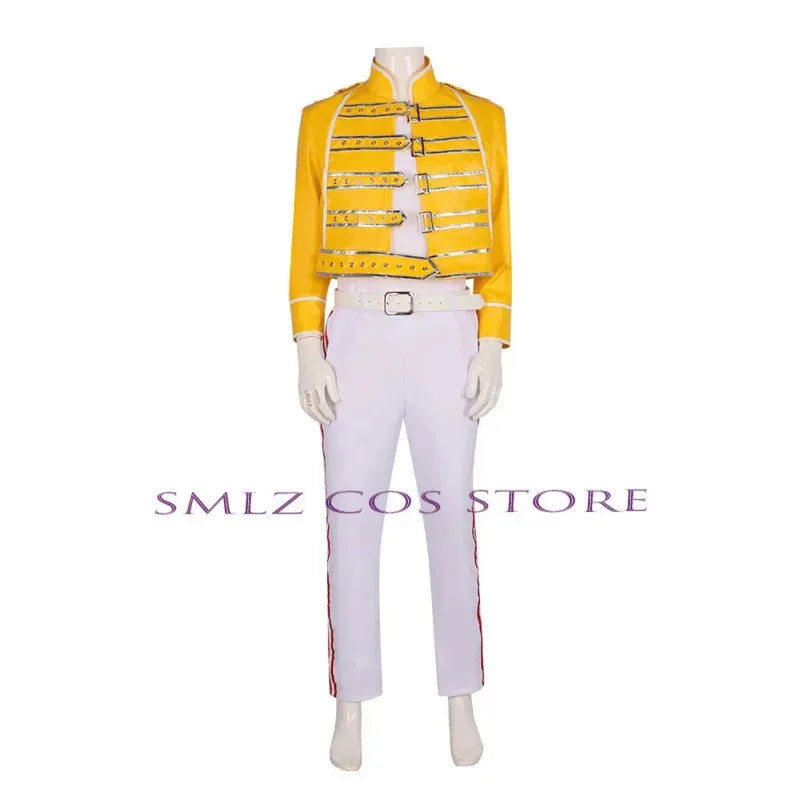 silisili ACos Freddie Mercury Cosplay Aniem Queen Lead Vocals Costume Yellow Coat Uniform Suit Halloween Party Perfo 2025 ☆ New
