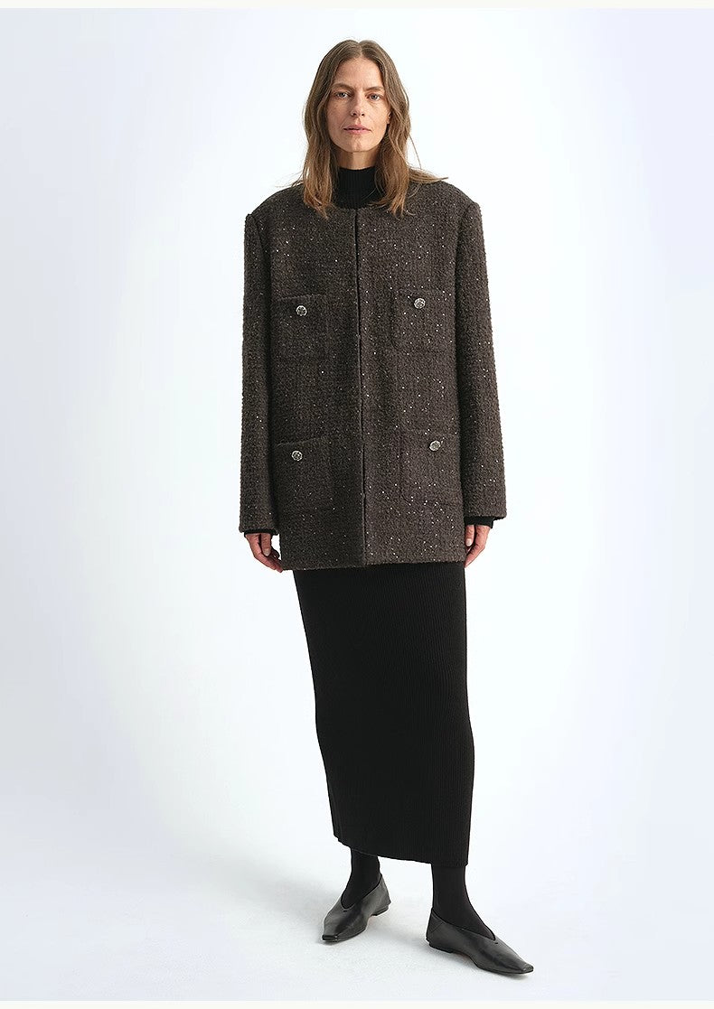 Circle Texture Sequined Wool Tweed Round Neck Long Chanel Style Coat