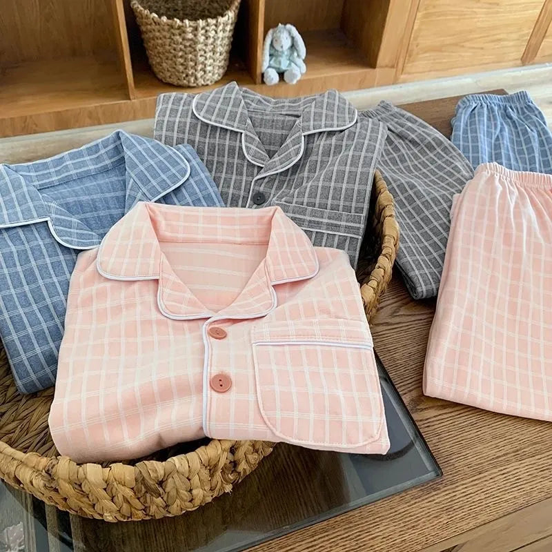 Baby Girl Boy Plaid Pajamas Set Toddler Teens Child Sleepwear Solid Kids Home Suit Spring Autumn Winter Baby Clothes 3-14Y