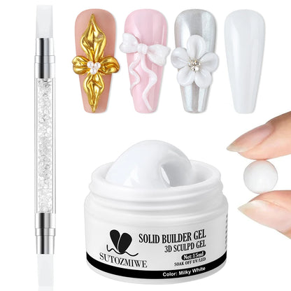 15ml Clear/White Solid Nail Extension Gel Quick Building UV Gel Builder Molding Nail Gel Polish 3D Sculpting Brush Manicure Kit