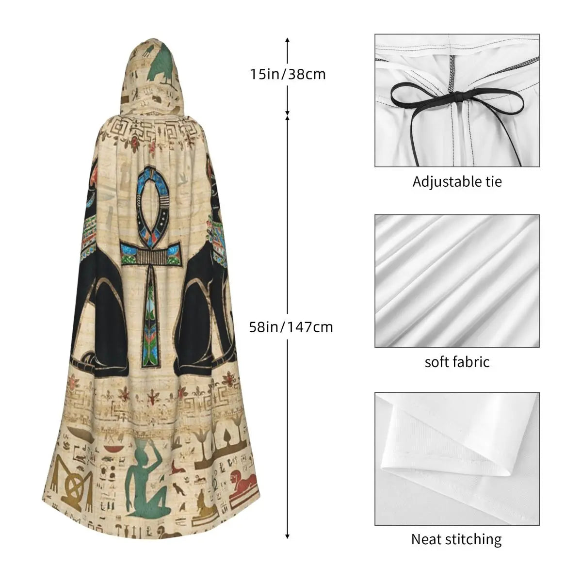 Egyptian Cats And Ankh Cross Long Hooded Cloak Witch Medieval Costume Cosplay Cape HalloweenCoat Adult Unisex