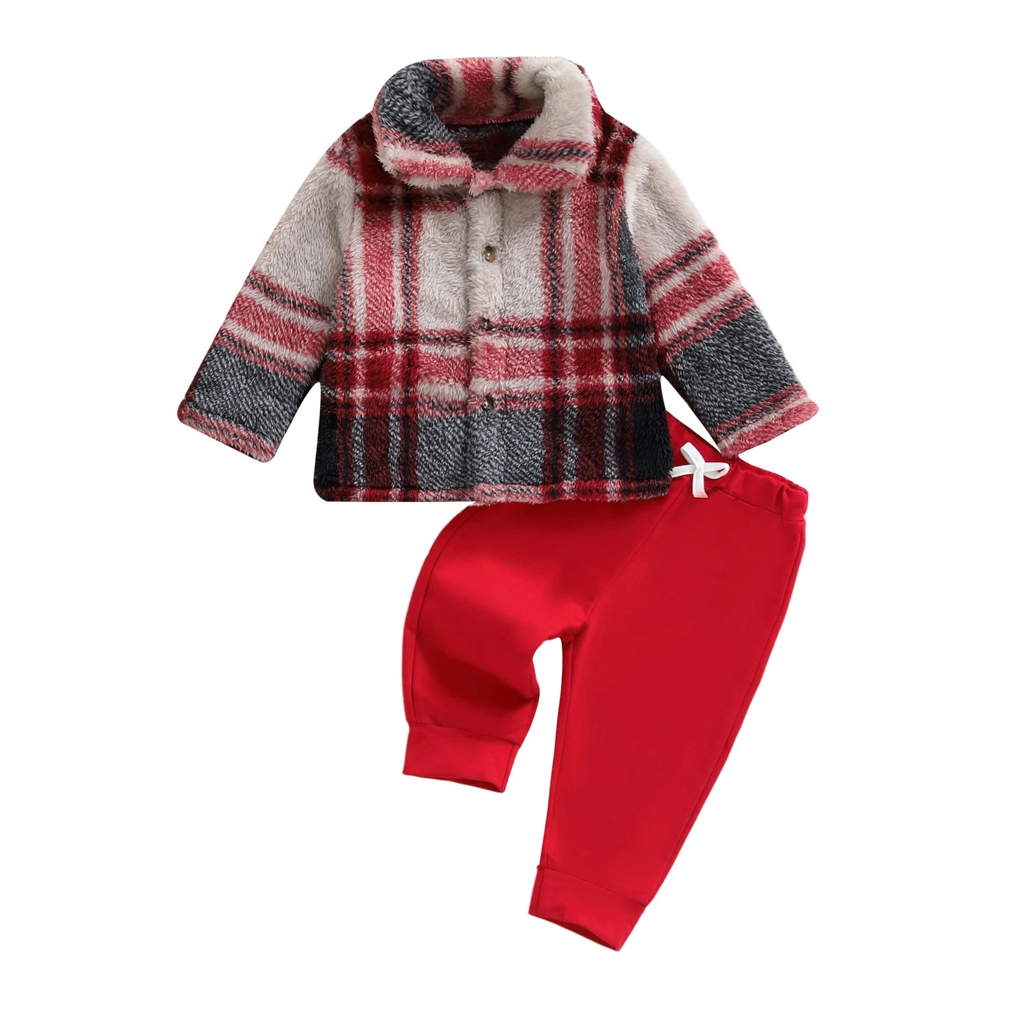 Infant Winter Clothes Set Warm Plaid Fleece Lapel Neck Button Down Long Sleeve Shirt and Pants Outfit for Baby Boy