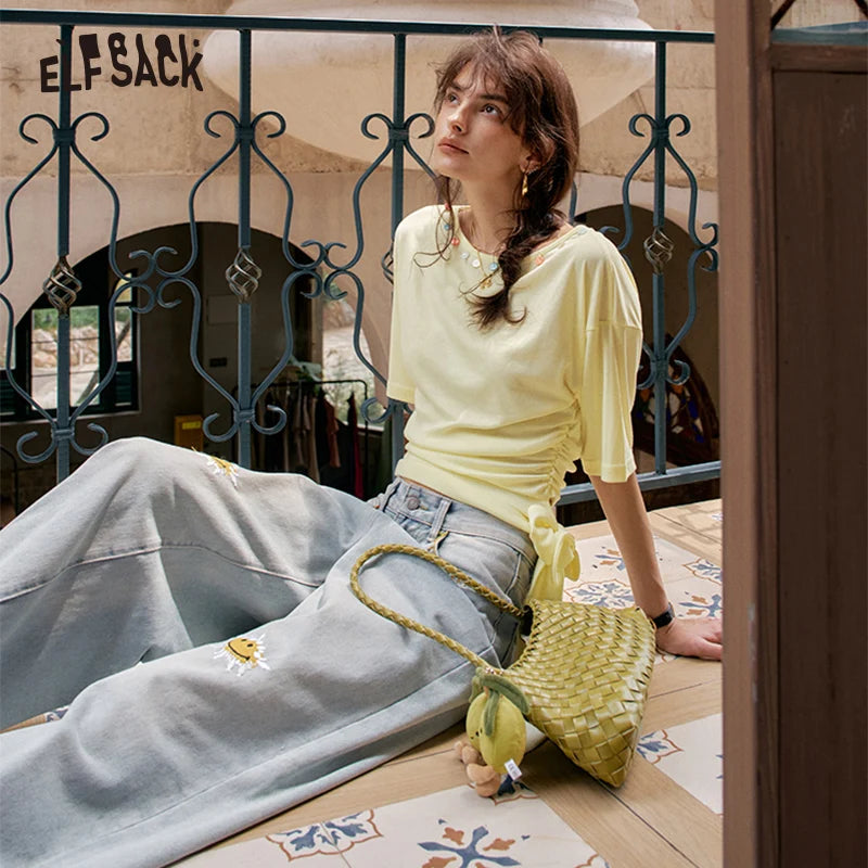 ELFSACK 2025 Summer New Arrivals Back Hollow Lace Up White Short Sleeve Chic T-Shirt For Women