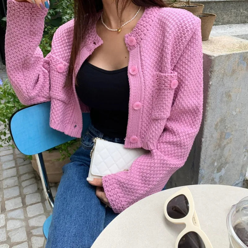 Elegant O Neck Cardigan Knitted Women Short Sweater Coat Pockets Autumn Long Sleeve Loose Spring Korean Versatile Crop Jacket