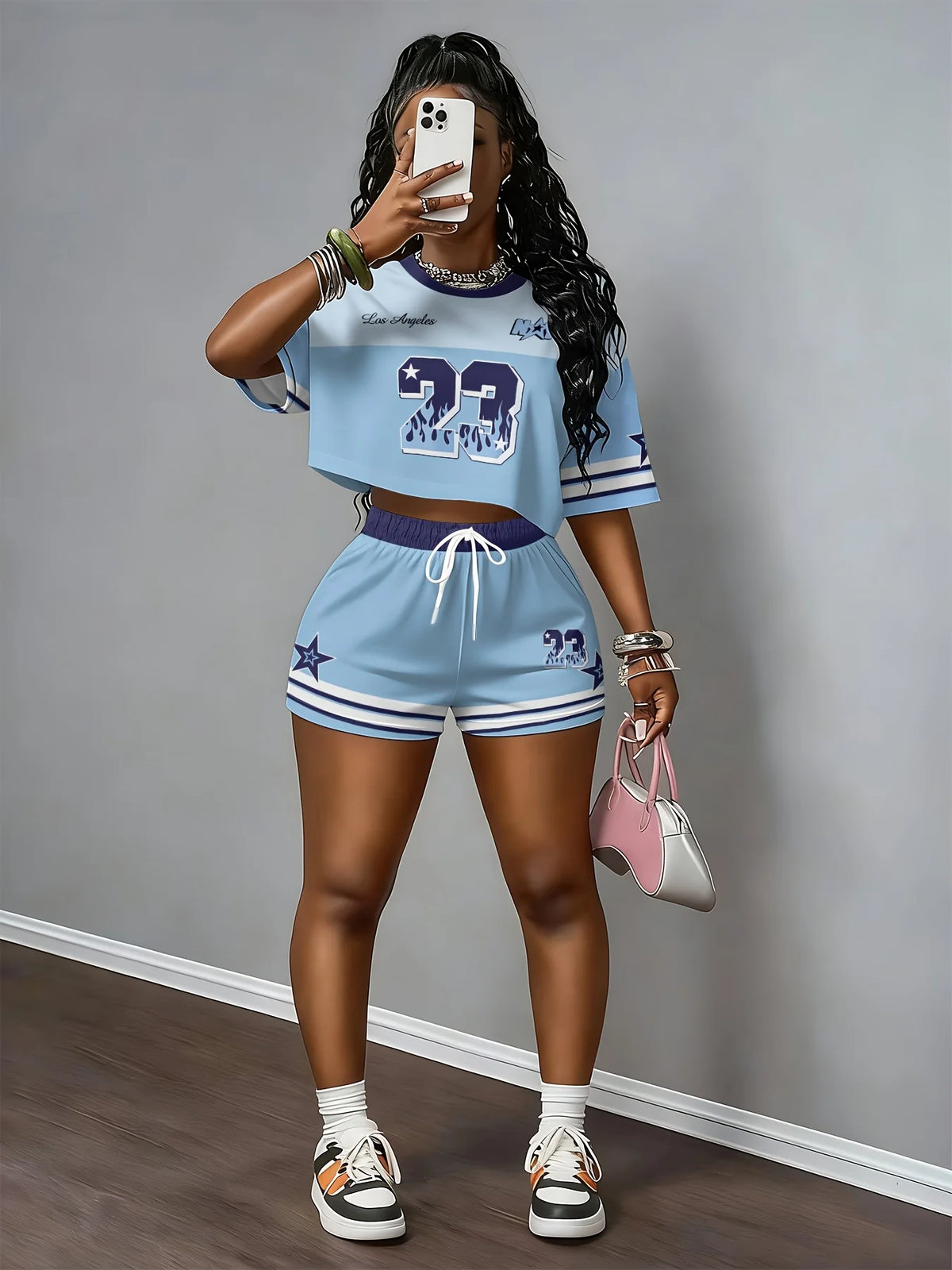 2026 New Short-Sleeve T-Shirt Set Crew Neck Casual Retro Print Hip-Hop Trend Crop Top Two-Piece Set Outdoor Sports Set