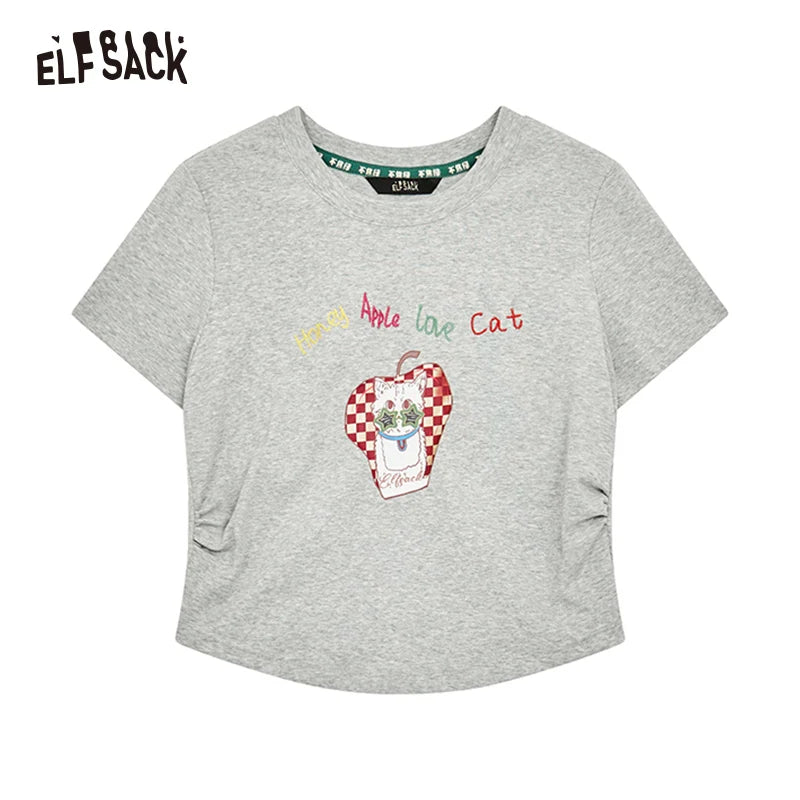 ELFSACK 2025 Summer New Arrivals White Fruit Print Pleated Short Sleeve Chic T-Shirt For Women
