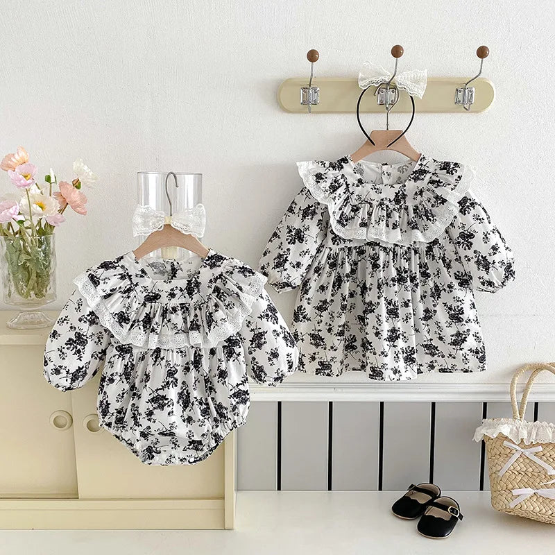 Little Sister Big Sister Matching Floral Print Outfit Cotton Twins Baby Cute Clothes Infant Flower Bodysuit Kids Girls Dresses