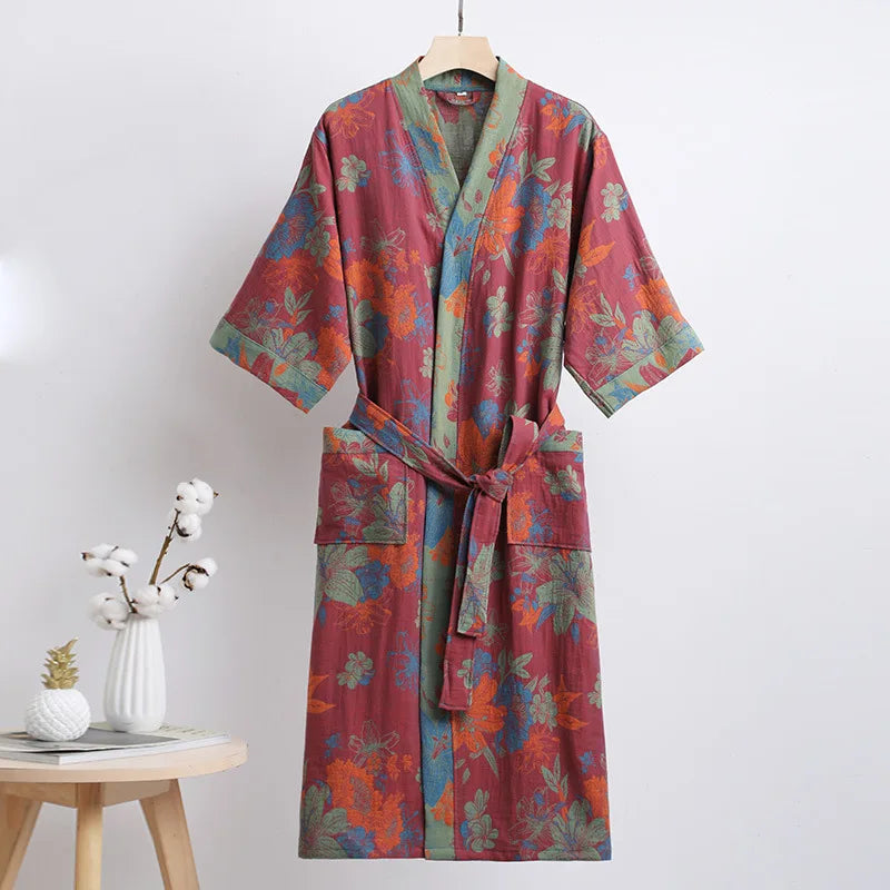Double Layer Cotton Gauze Long Robe Retro Jacquard Kimono Bathrobe Gown Spring Summer Sleepwear Couple Pijama Loose Lingerie