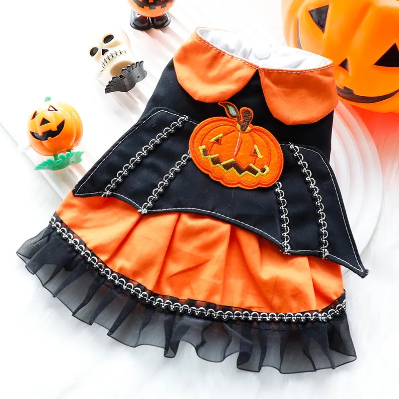 Autumn New Puppy Cats Clothing Orange Pumpkin Halloween Princess Dress For Small Medium Dog Poodle Pet Clothes Party Dress Coat