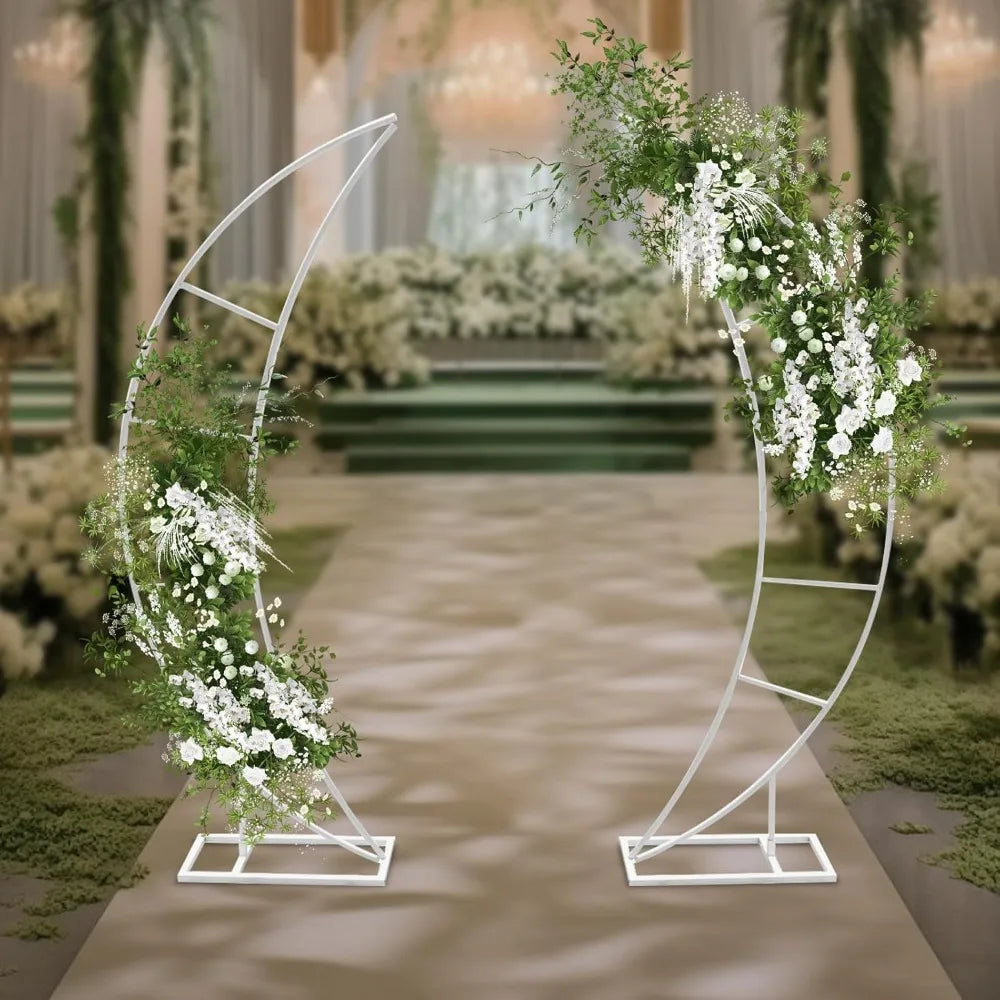 2PCS Metal Wedding Arch Backdrop Stand, 6.56FT Crescent Moon White Wedding Arch Balloon Holder Floral Stand for Baby Shower Anni