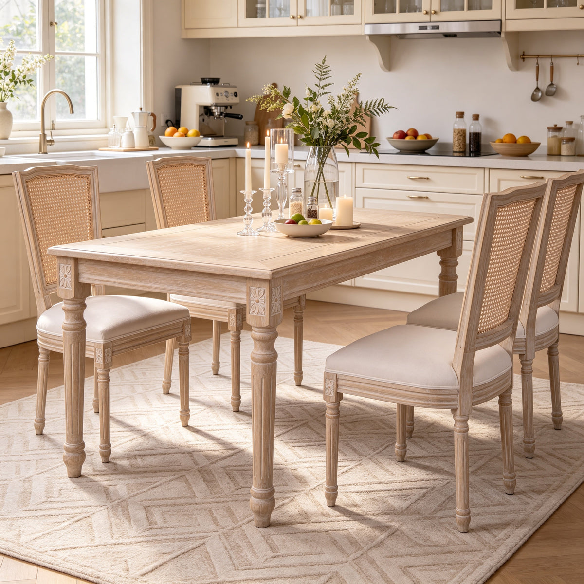 Dining Chairs Set of 2 with Rattan T-Backs and Beige Linen Seats,