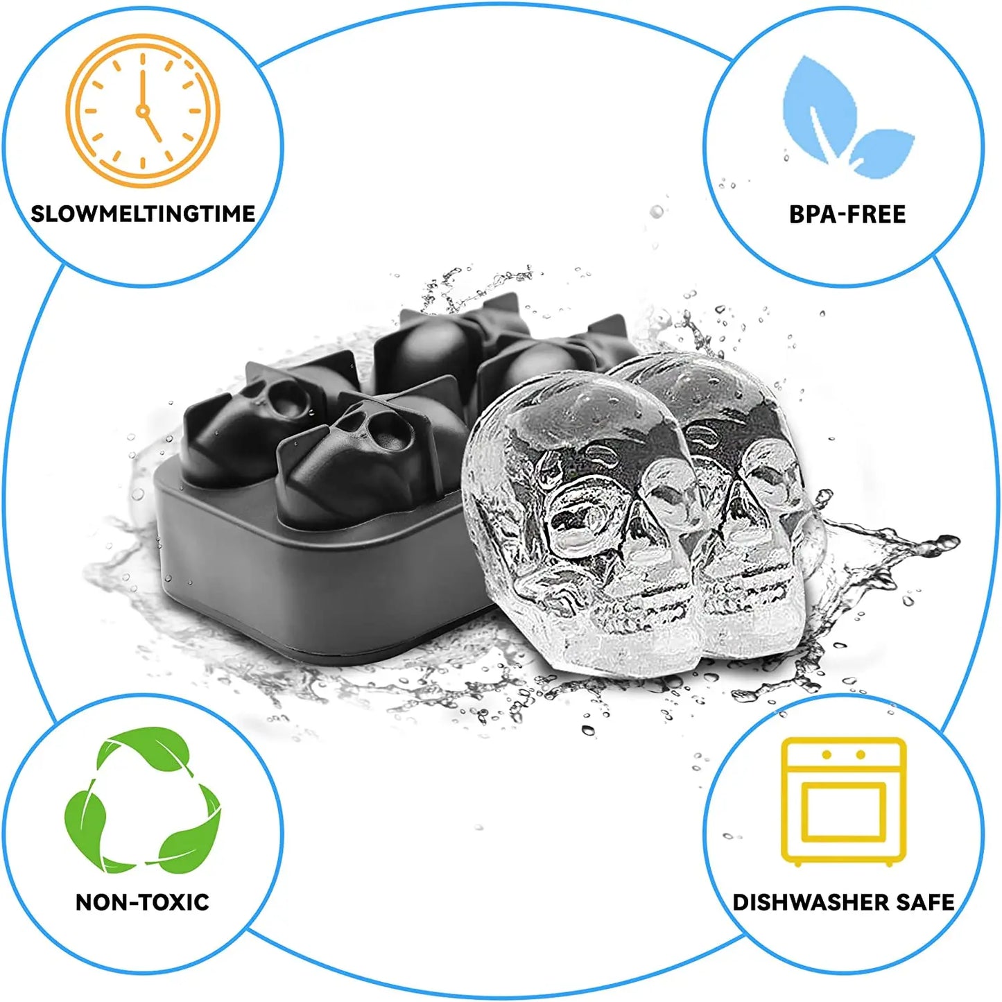 Skull Mold DIY 3D Easy Release Silicone Ice Mold 4 Skulls，for Christmas，Halloween Decor， Whiskey, Cocktails,Gift For Dad(Black)