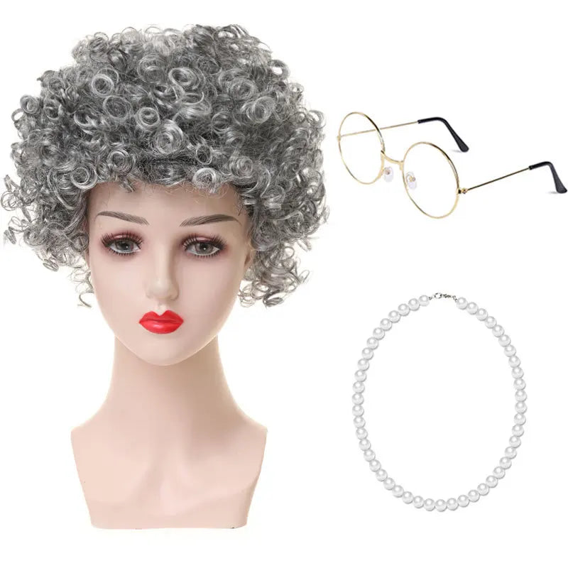 Granny Wig Cos Halloween Granny Curly Hair Charterer Stage Show Wig Cover Props
